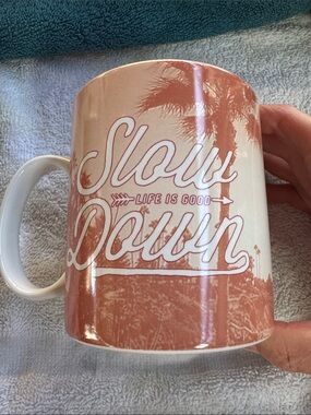 Large coffee mug by HOME. “Life is Good”, “Slow Down” in peach tones.